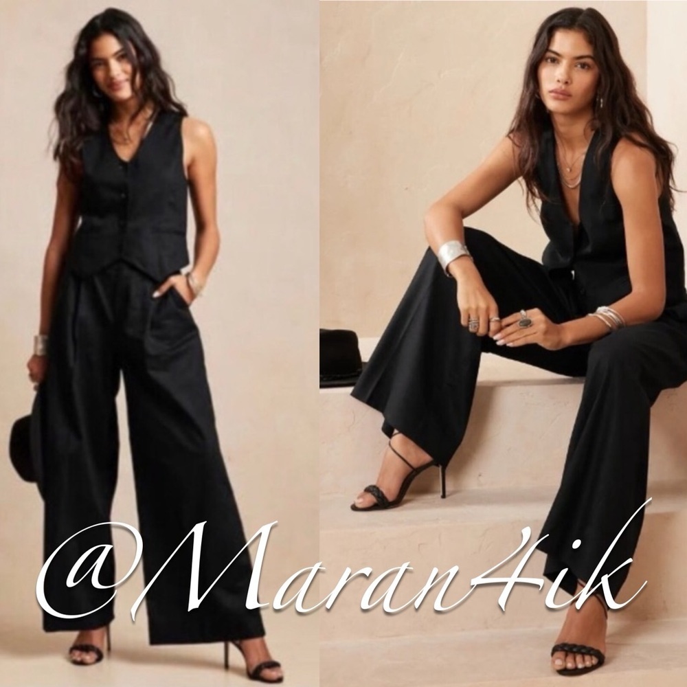 Banana Republic Linen-Blend Wide-Leg Pant Pleated - Black size 2 - Picture 1 of 16